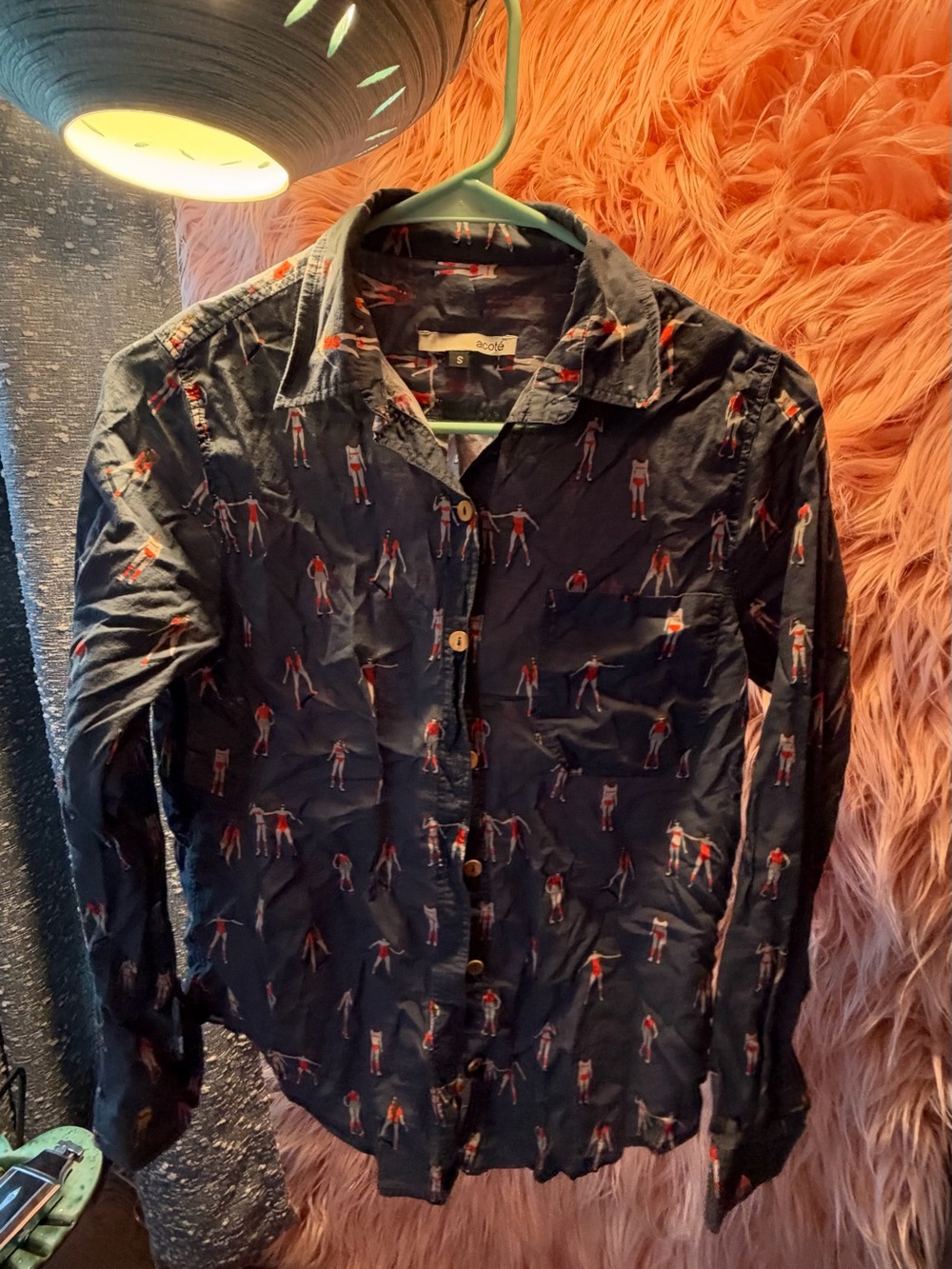 Anthropologie Navy Button-Down Shirt with skating ladies SZ Small